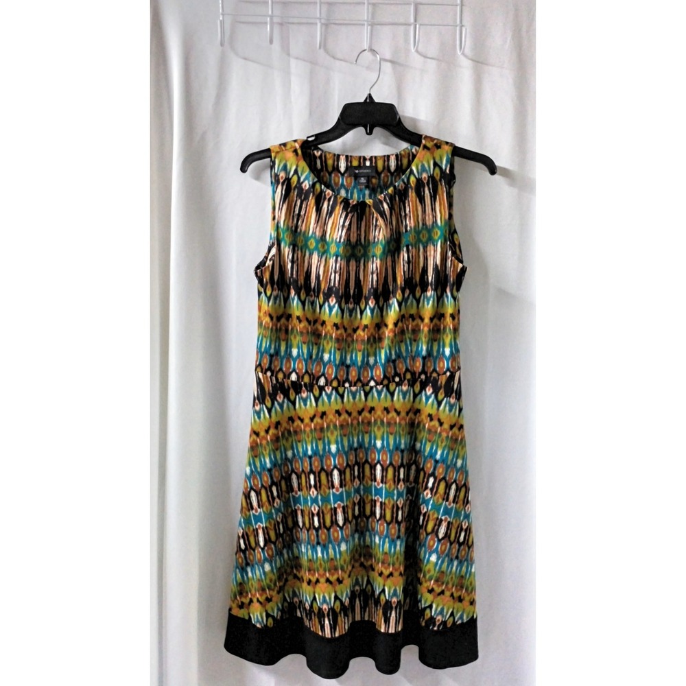 AB Studio Womens XL Ikat Geometric‎ Print Sleeveless Fit Flare Dress Black Multi